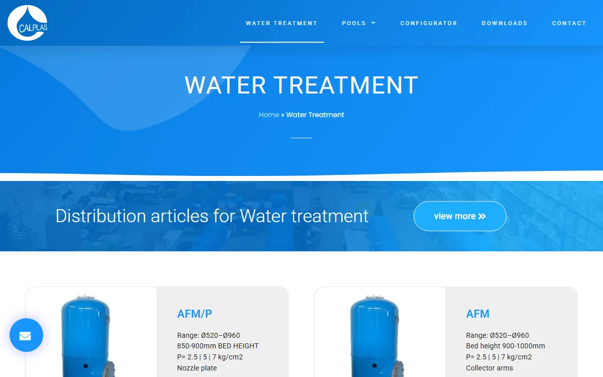 Catálogo de tratamiento de agua, con los datos técnicos de cada serie