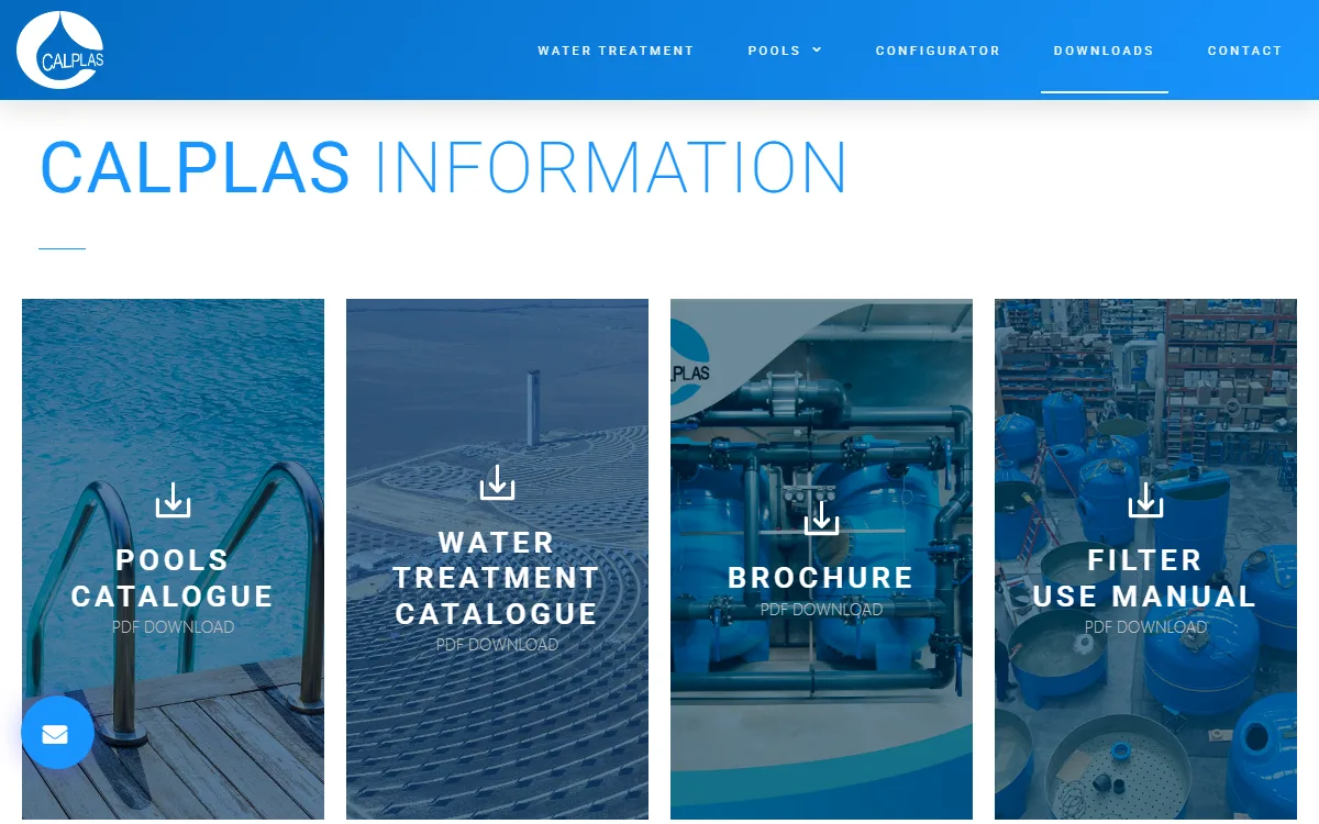 Descargas: catálogos de piscinas y tratamiento de agua, folleto y manual de uso