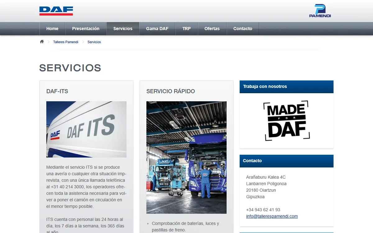 Servicios de taller en fichas, con el contacto siempre en la columna lateral
