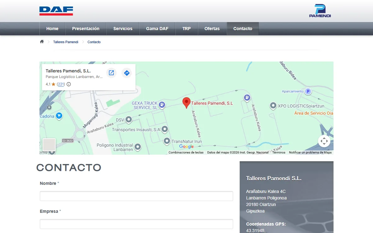 Contacto con mapa, datos de la empresa y formulario