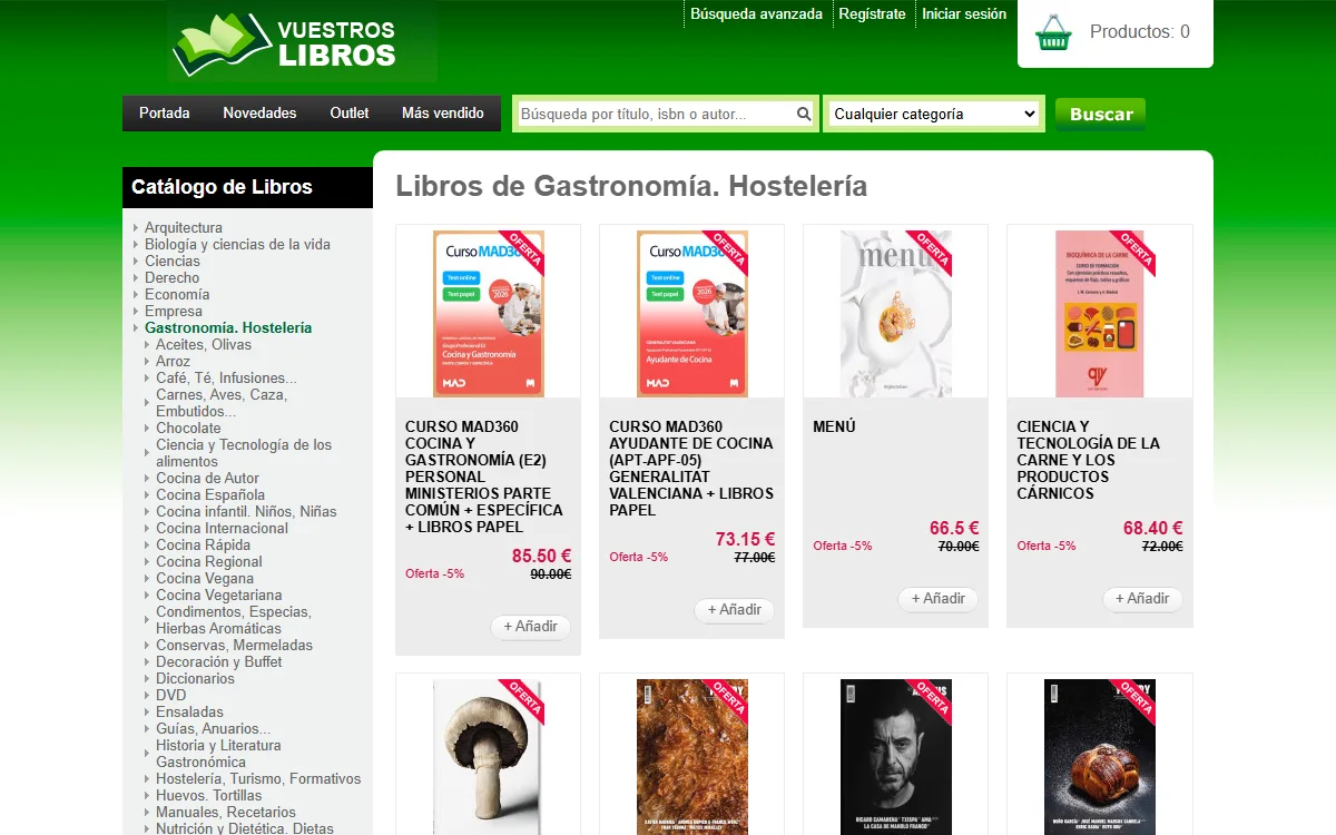 Una materia del catálogo, con sus subcategorías y precios de oferta