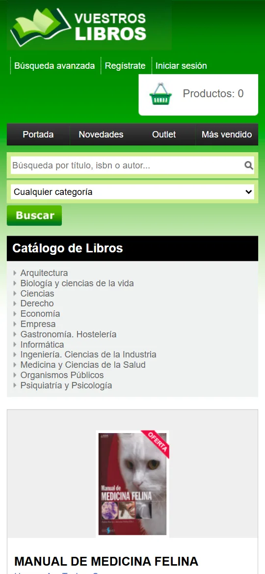 Buscador, catálogo y ficha de libro en el móvil