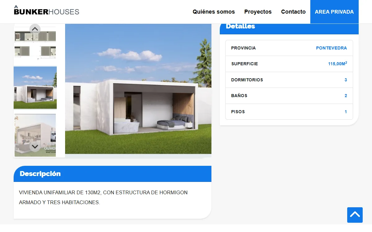 Ficha de un modelo: fotos, provincia, superficie, dormitorios y baños