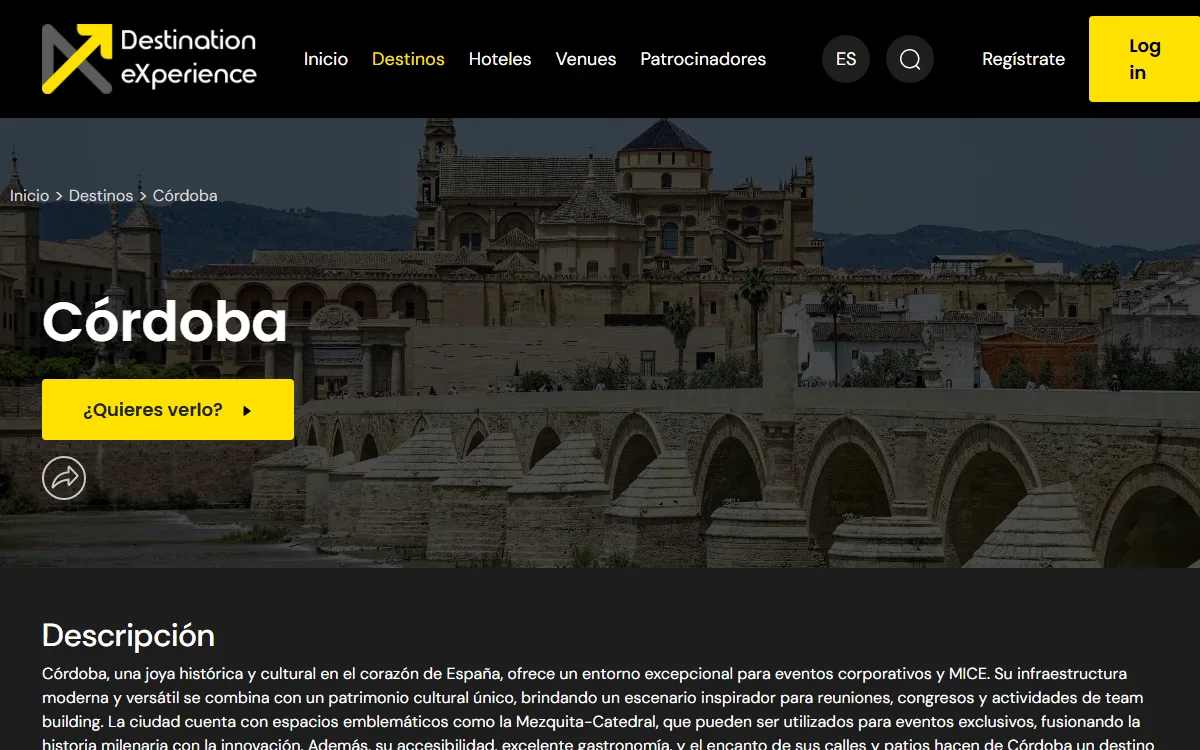 Ficha de un destino, con su descripción para eventos y reuniones