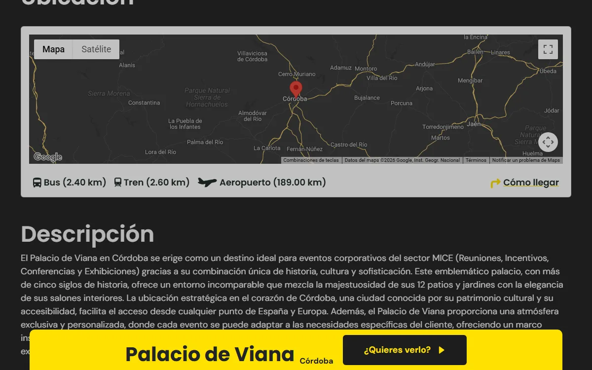 Ficha de un espacio: mapa, distancias a bus, tren y aeropuerto y descripción