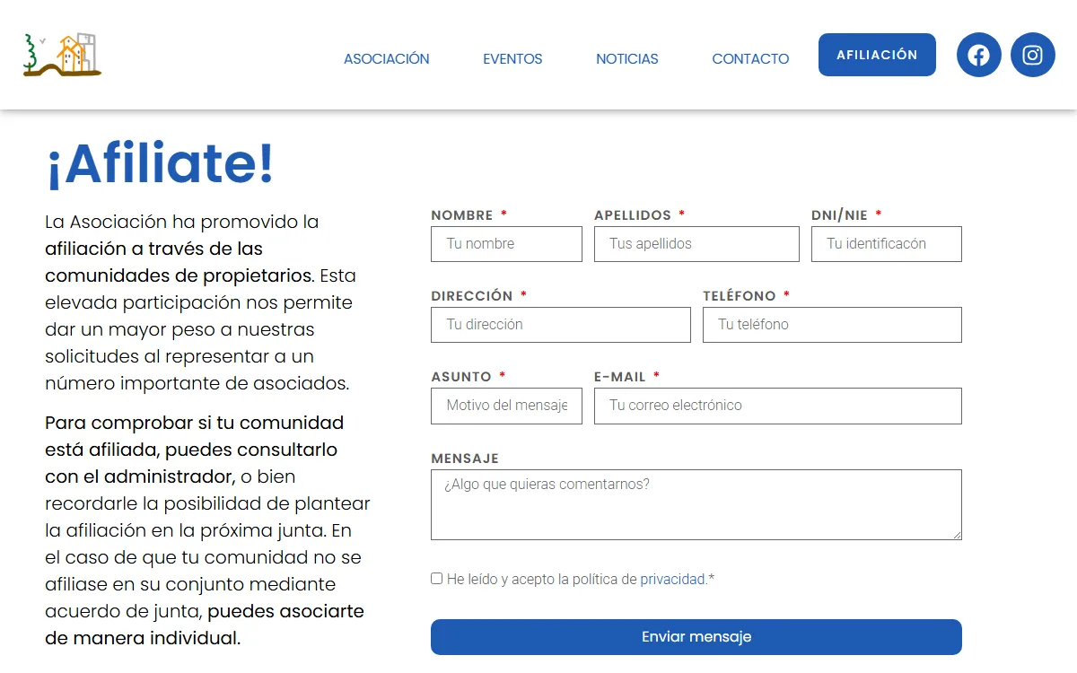 Formulario de afiliación, con cómo asociarse por comunidad o por persona