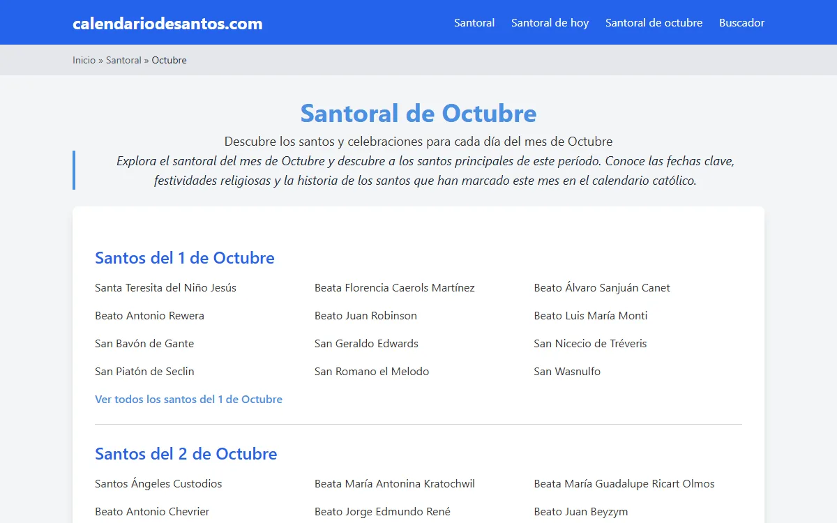 Santoral de octubre, con los santos de cada día del mes