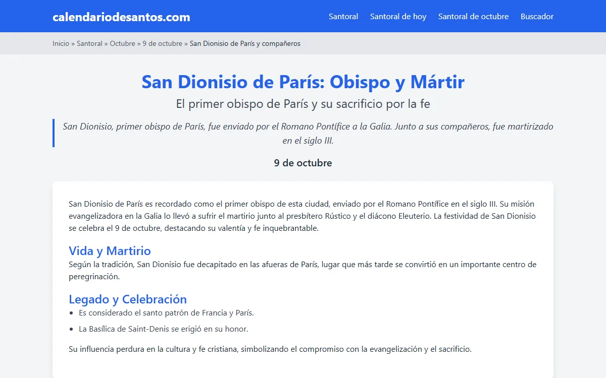 Ficha de San Dionisio de París: fecha, vida, martirio y legado