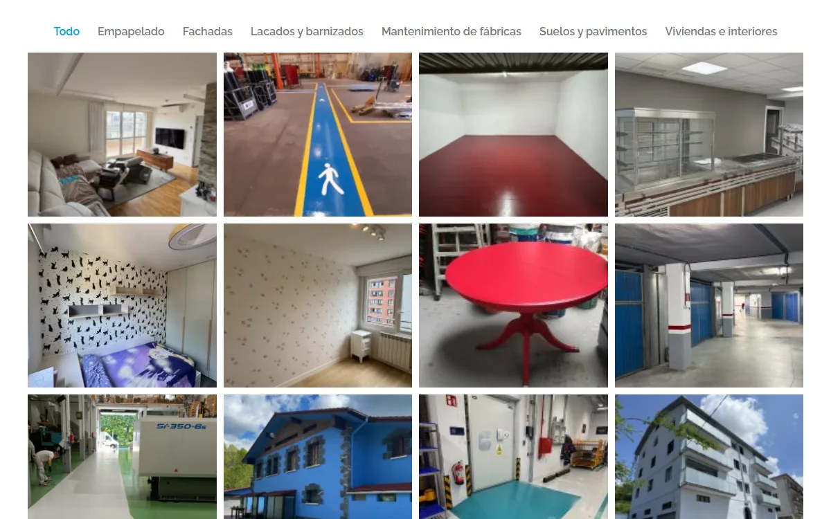 Galería de trabajos, con filtros por tipo de servicio