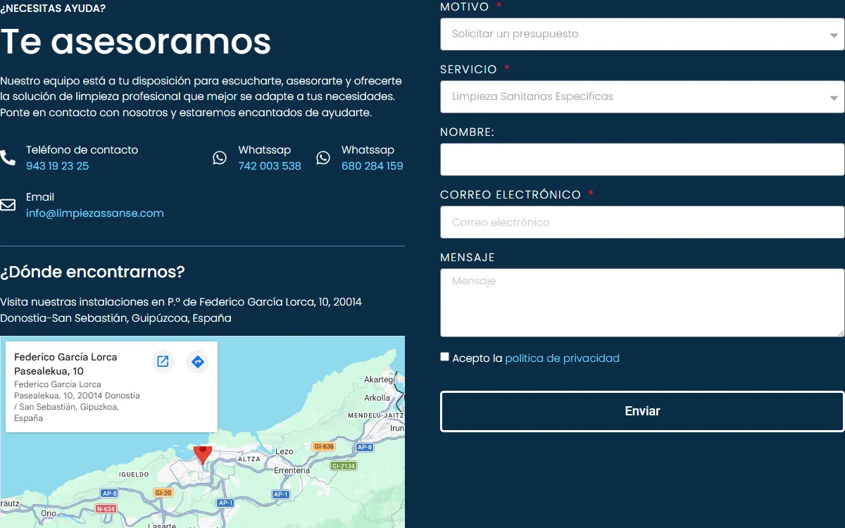 Contacto con teléfono, WhatsApp, mapa y formulario de presupuesto