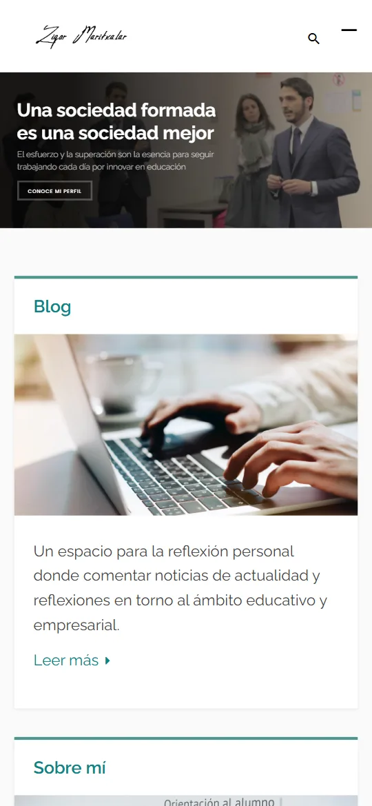 La portada en el móvil, con acceso al blog y al perfil
