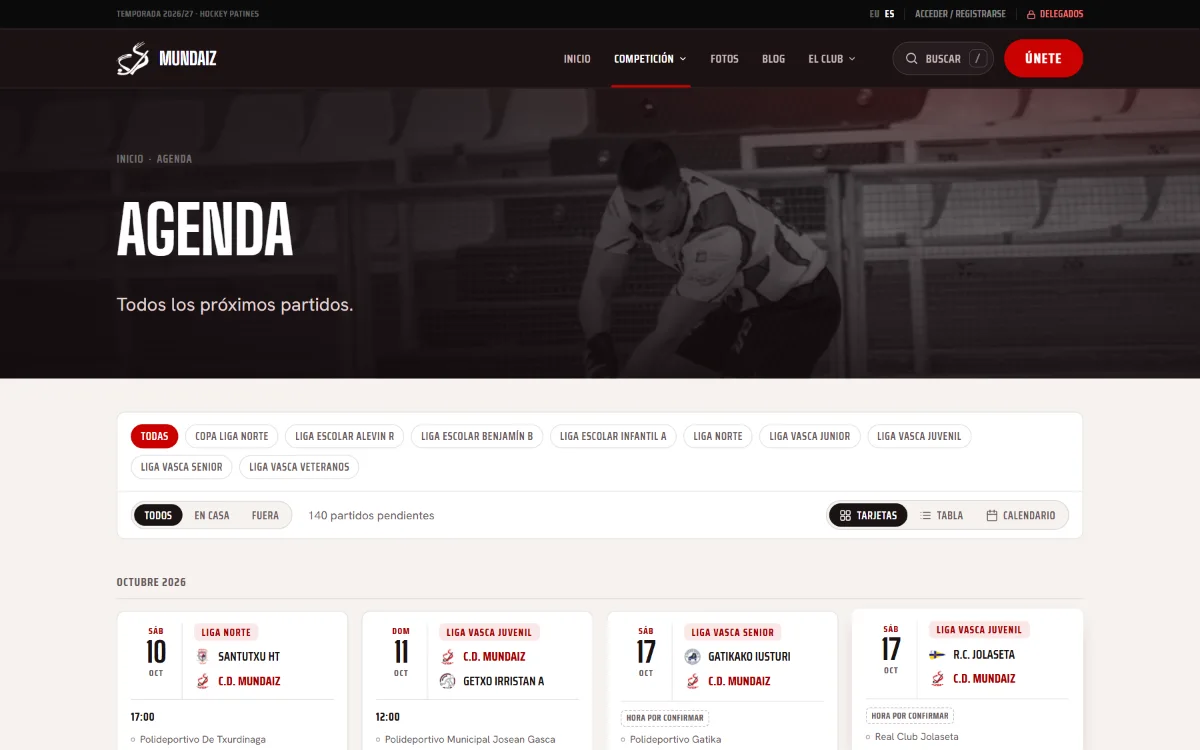 Agenda de todos los equipos, con filtros por competición