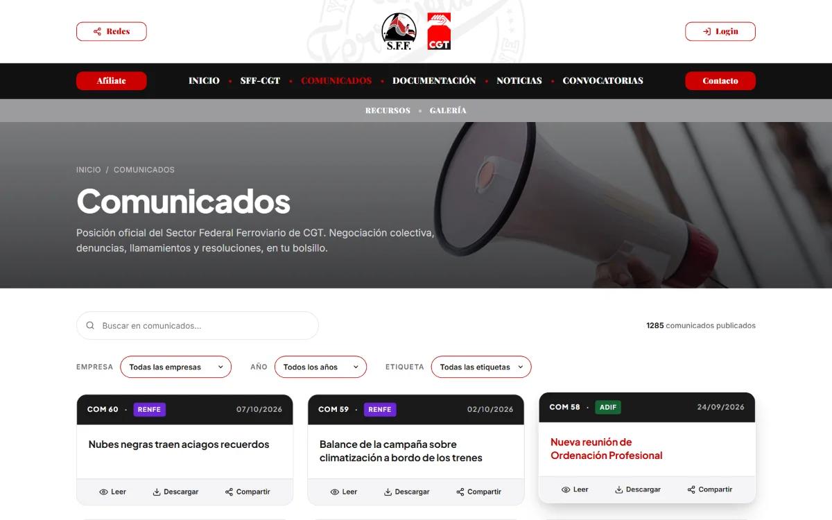 Comunicados con buscador y filtros por empresa, año y etiqueta