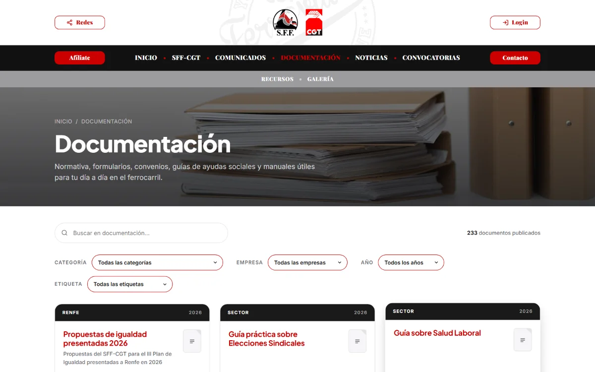 Documentación con filtros por categoría, empresa, año y etiqueta