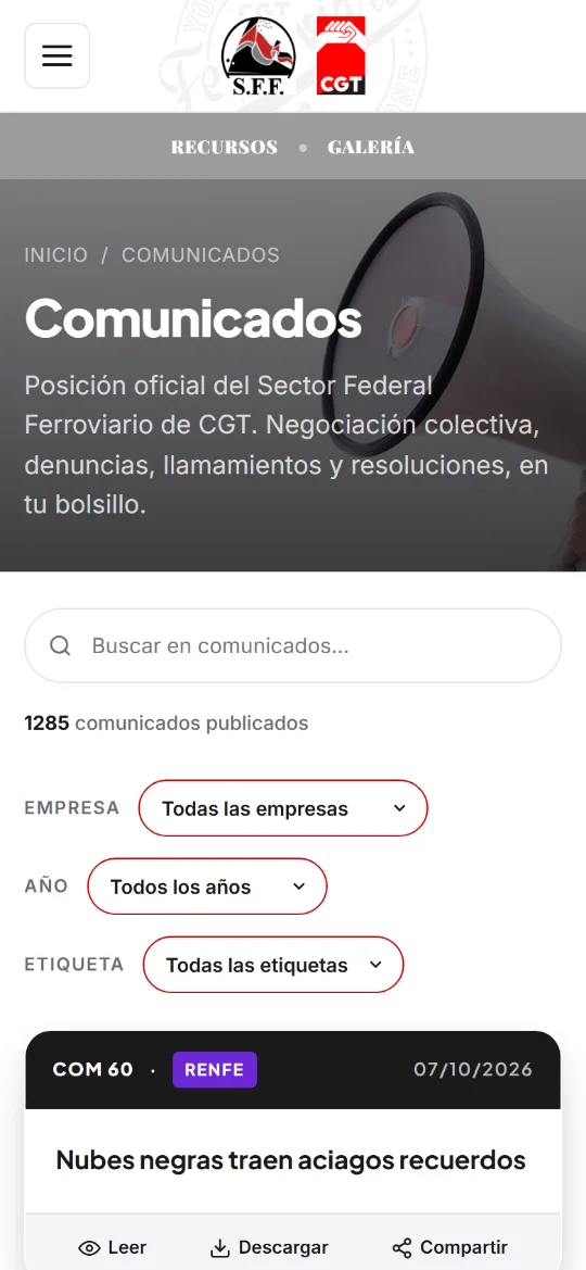 Comunicados y sus filtros, consultados desde el móvil