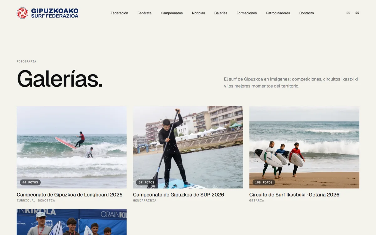 Galerías de cada prueba, con el número de fotos y el lugar