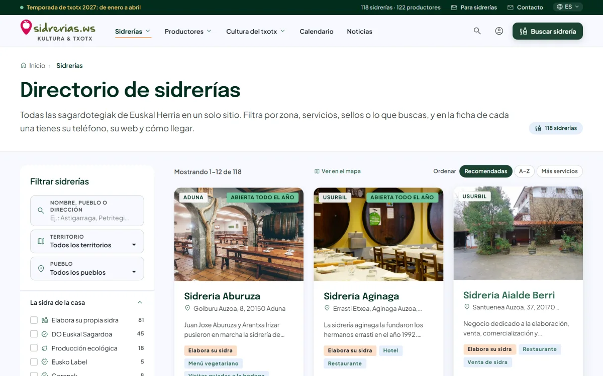 Directorio de sidrerías, con filtros por zona y por la sidra de la casa