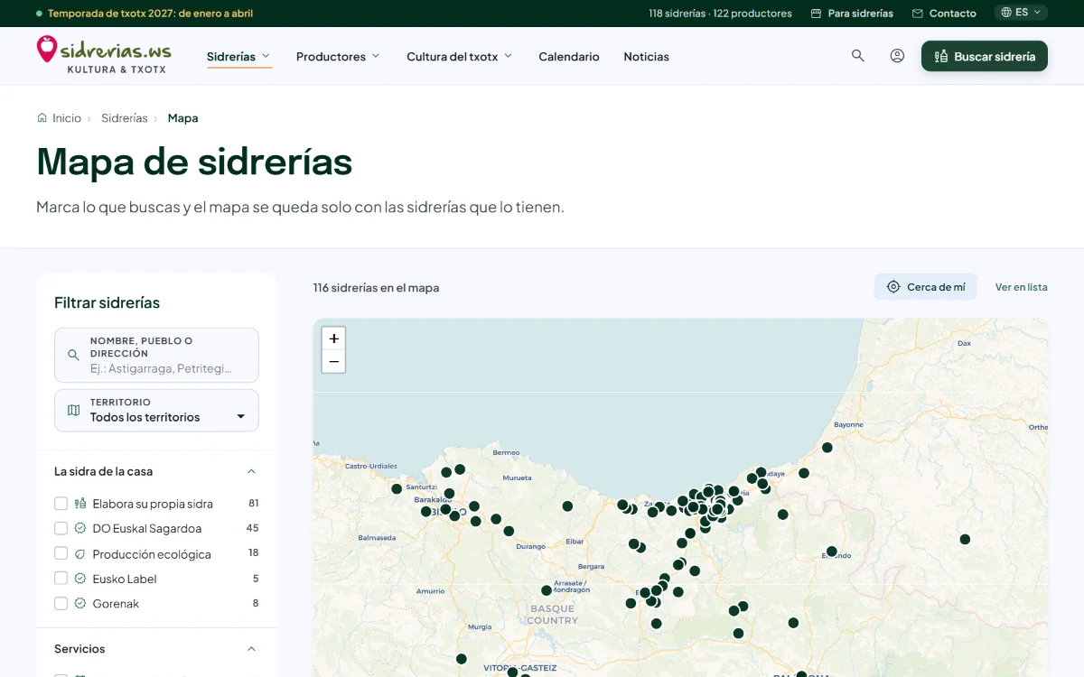 Mapa de sidrerías, con los mismos filtros y la búsqueda «cerca de mí»