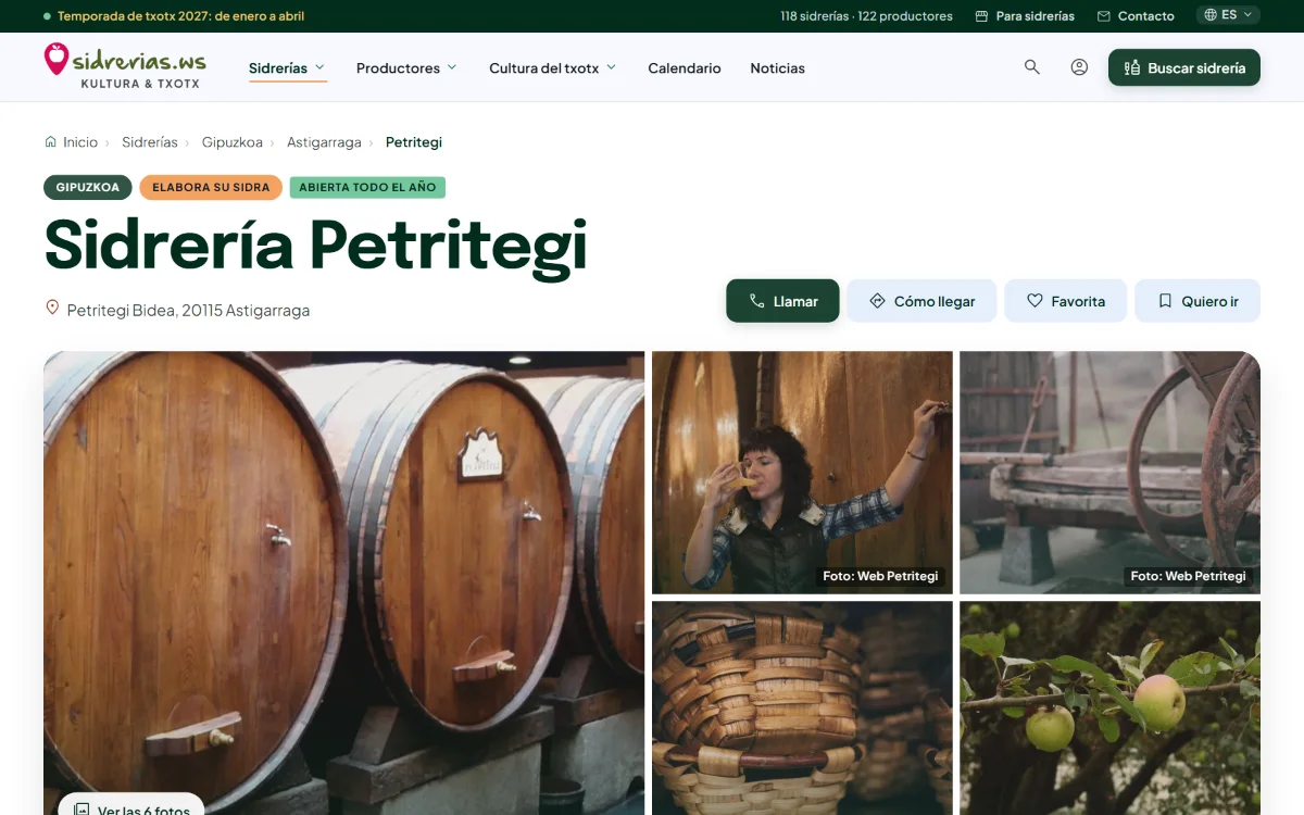 Ficha de una sidrería, con su galería y botones para llamar o llegar