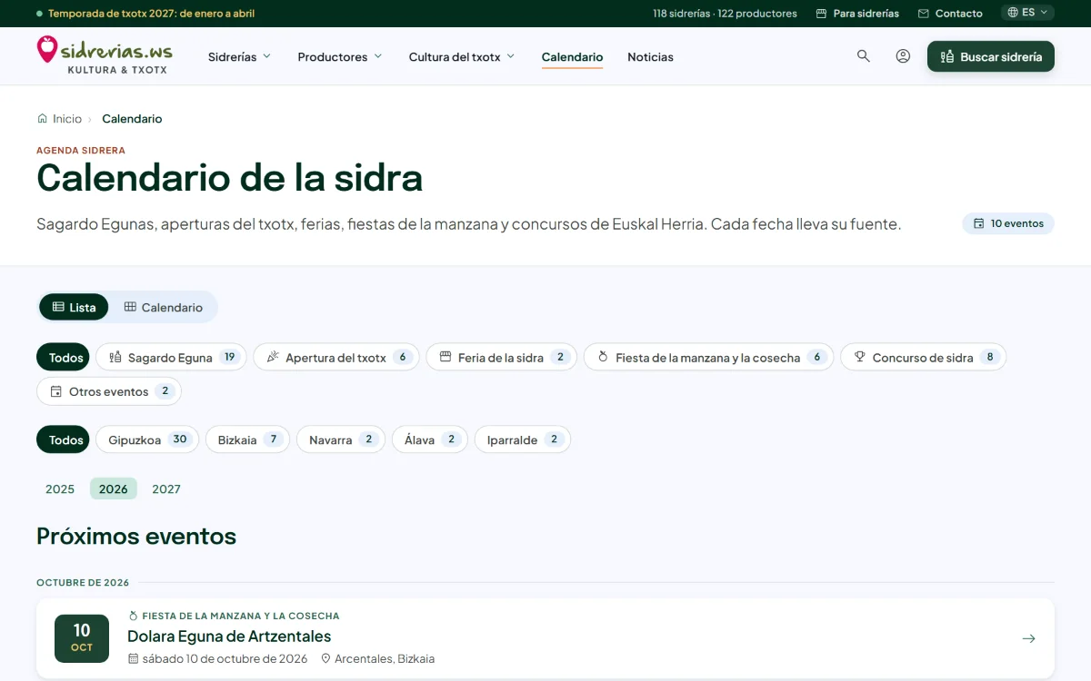 Calendario de la sidra, con filtros por tipo de evento y territorio
