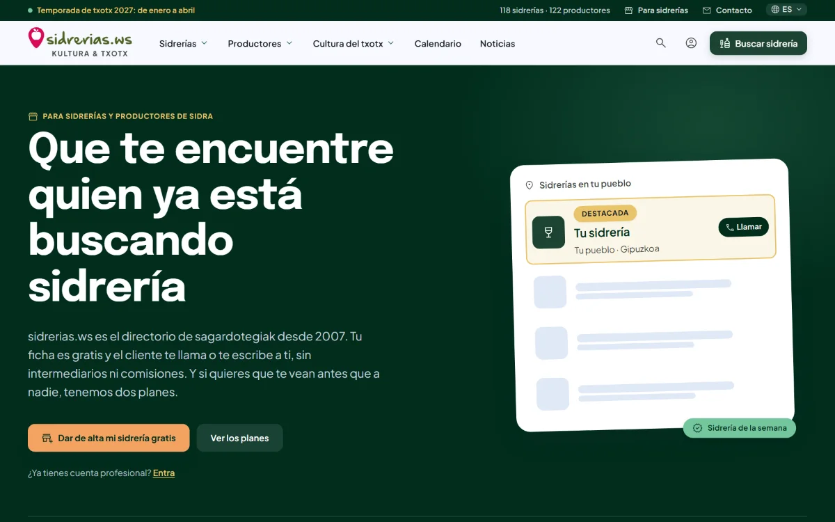 La página para sidrerías y productores, con el alta gratuita