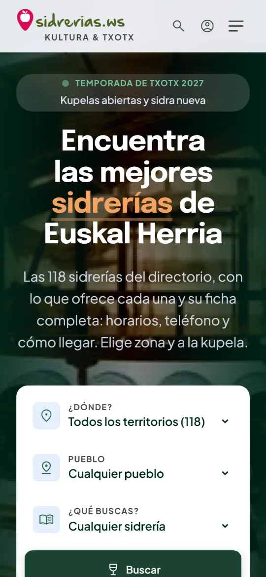 La portada en el móvil, con el buscador por territorio y pueblo