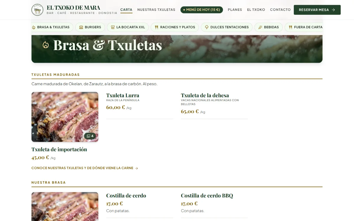 La carta, con las txuletas maduradas al peso y sus fotos