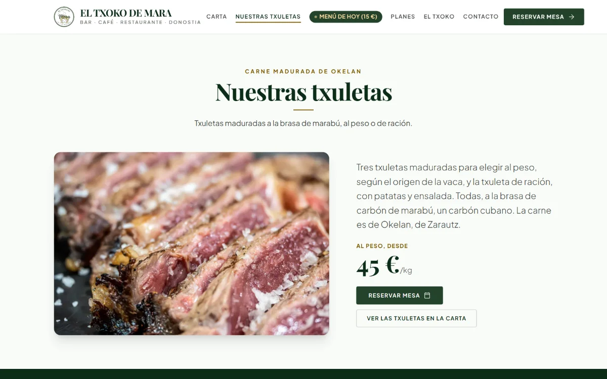 Página de las txuletas de Okelan, al peso o de ración