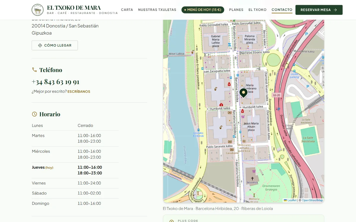 Contacto con teléfono, horario y mapa de Riberas de Loiola