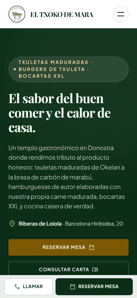 La portada en el móvil, con la barra fija para llamar o reservar