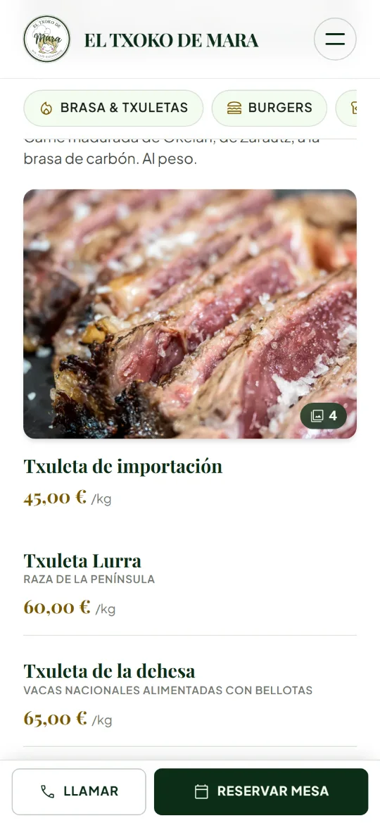 La carta en el móvil, con las secciones en pestañas